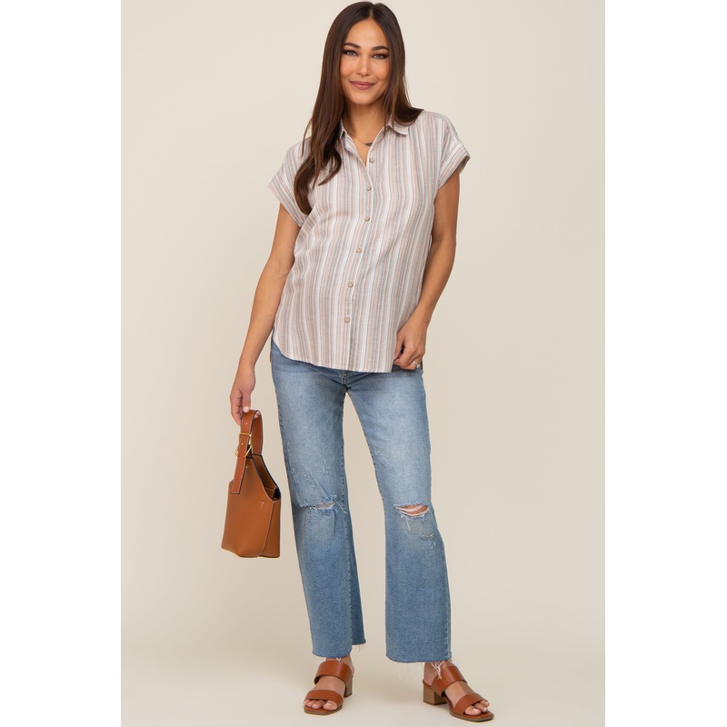 Beige Striped Linen Button Down Short Sleeve Maternity Top