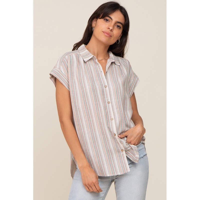 Beige Striped Linen Button Down Short Sleeve Top