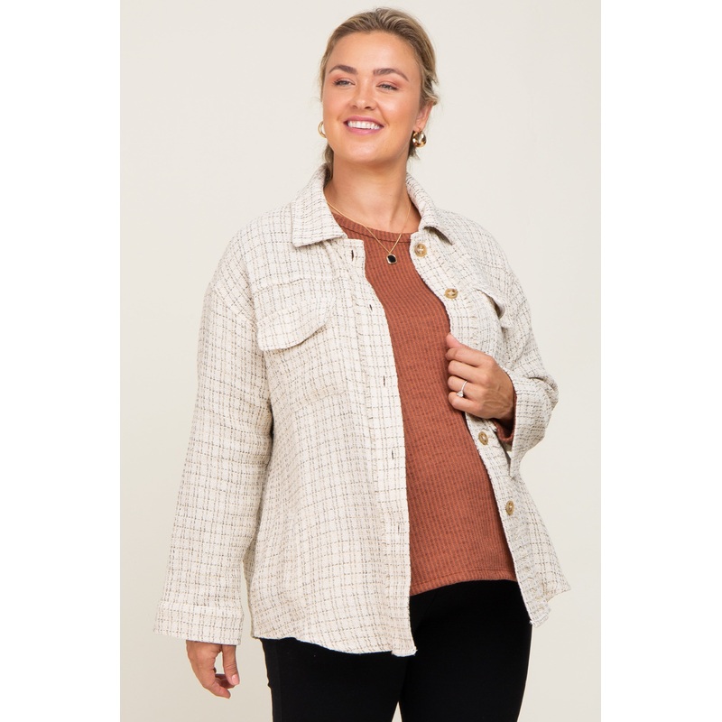 Beige Tweed Front Pocket Maternity Plus Shacket