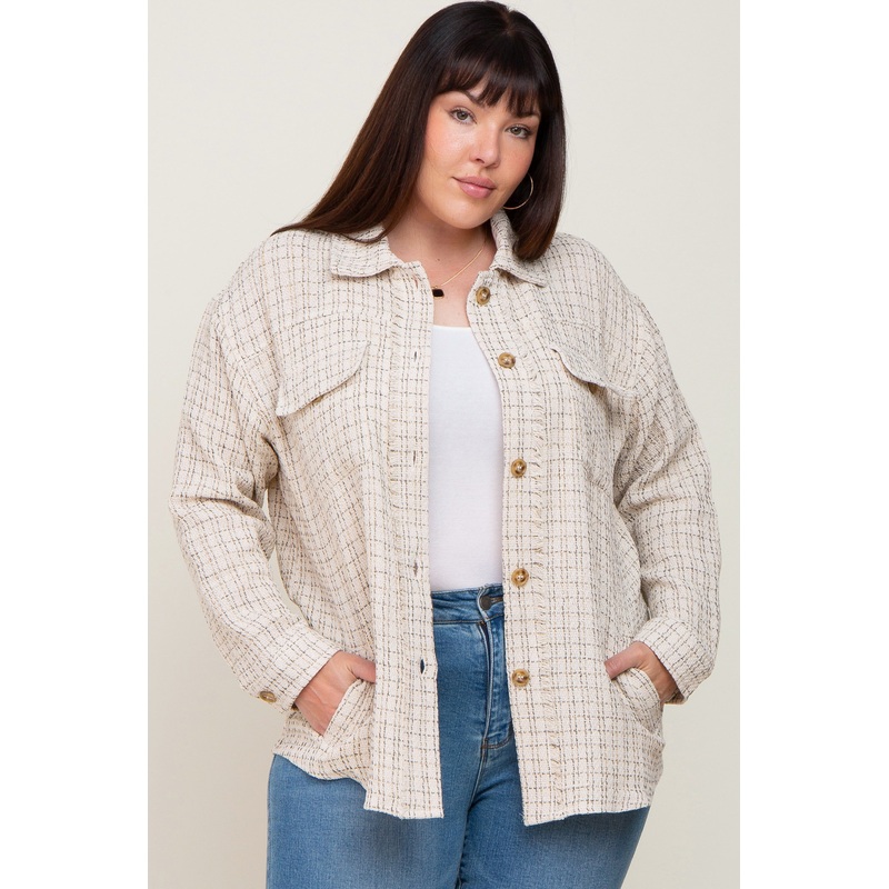 Beige Tweed Front Pocket Plus Shacket