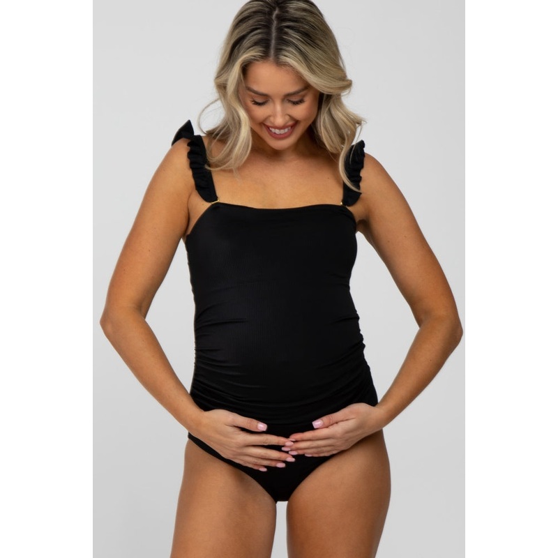 Black Ribbed Square Neck Ruffle Strap One Piece Maternity Swimsuit