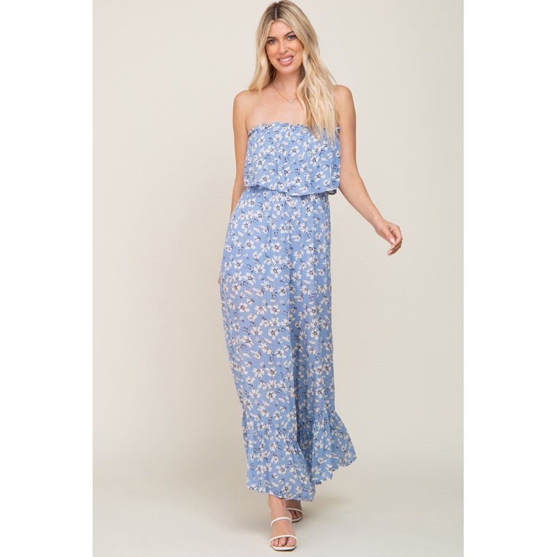 Blue Floral Strapless Ruffle Jumpsuit