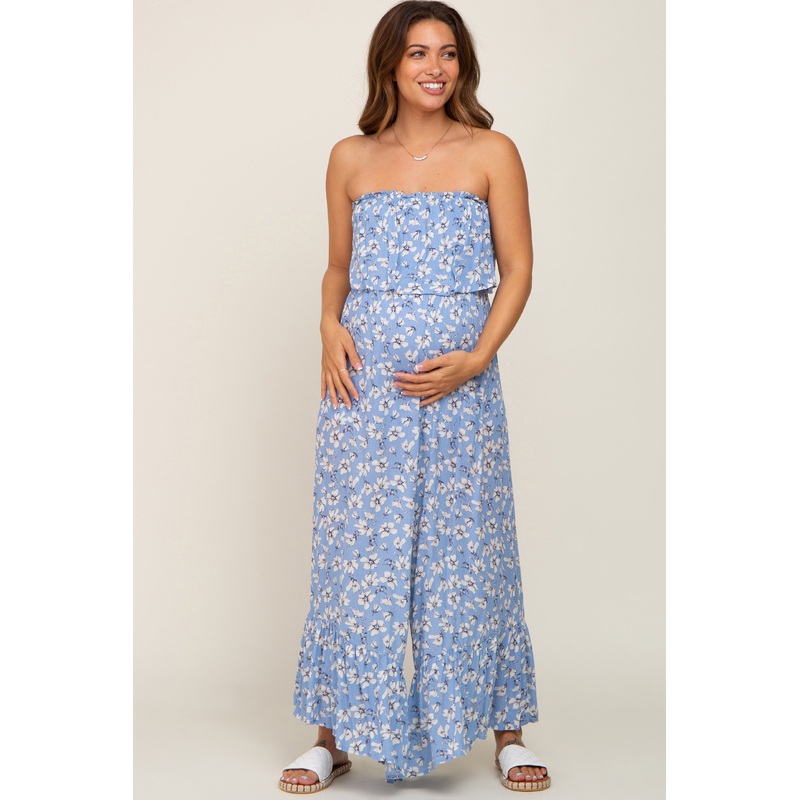 Blue Floral Strapless Ruffle Maternity Jumpsuit