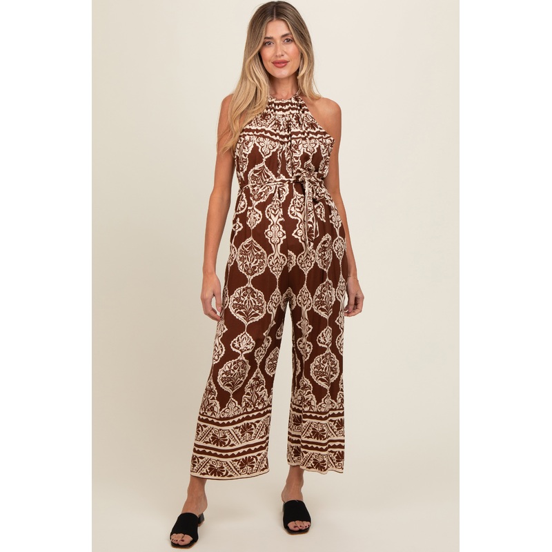 Brown Border Print Front Tie Halter Maternity Jumpsuit