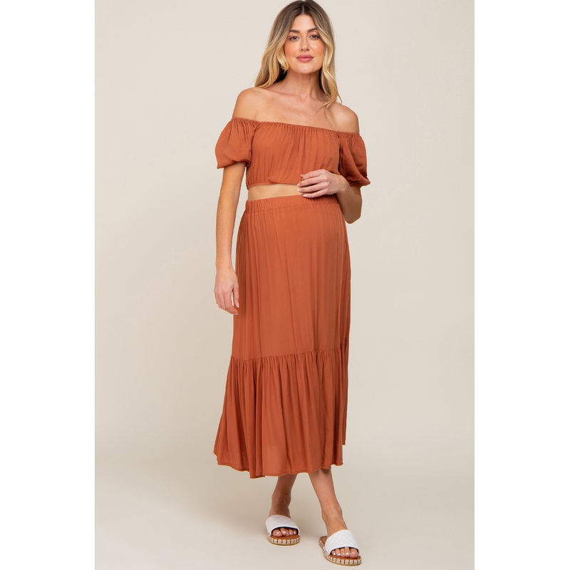 Camel Crop Top and Skirt Two Piece Maternity Set