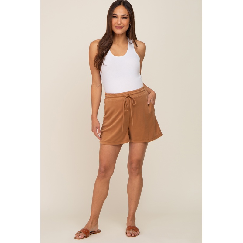 Camel Drawstring Waist Maternity Shorts