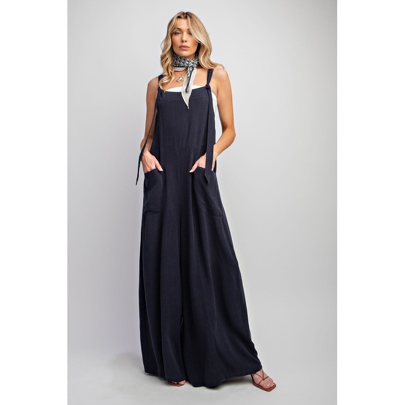 Dark Navy Linen Wide Leg Jumpsuit Pants