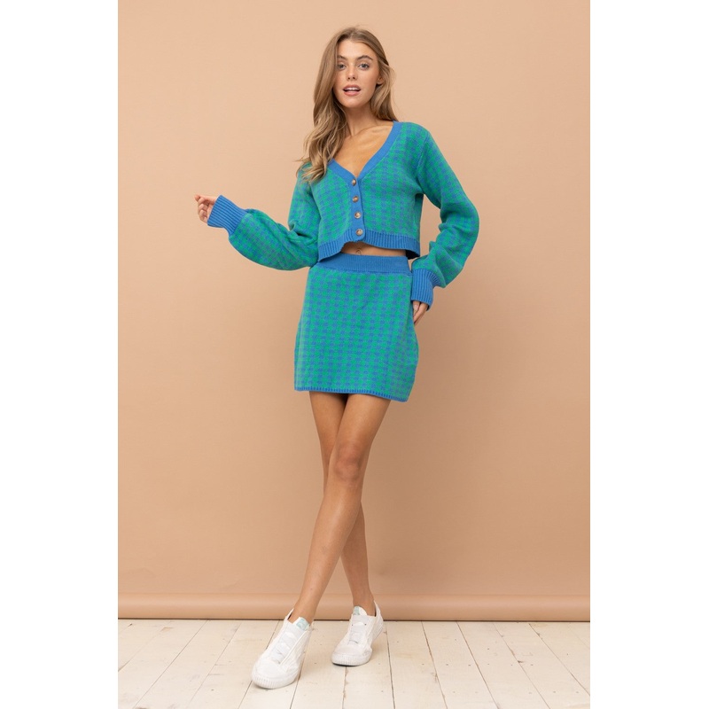 Green Blue Knit Top And Skirts Set
