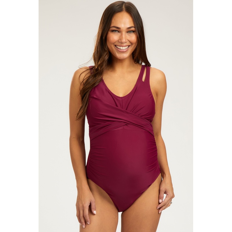 Magenta Twist Front Back Cutout Maternity One Piece Swimsuit