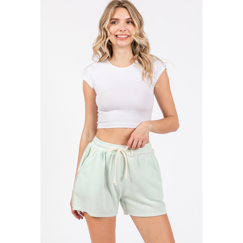 Mint Green Faded Wash Drawstring Shorts
