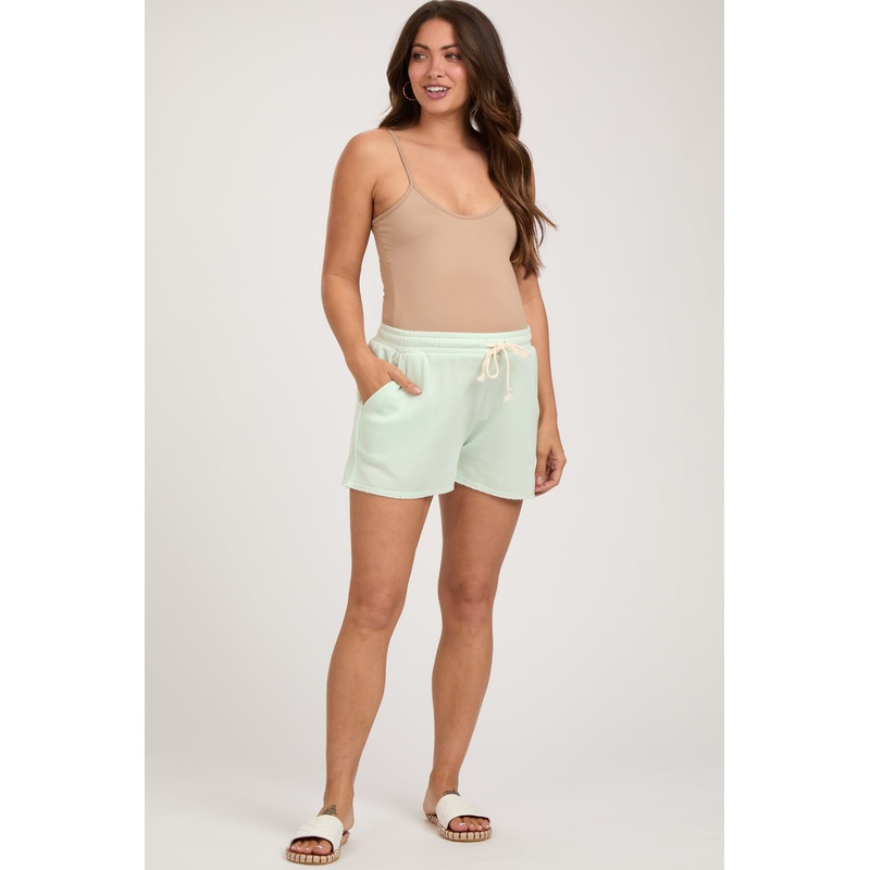 Mint Green Faded Wash Maternity Drawstring Shorts