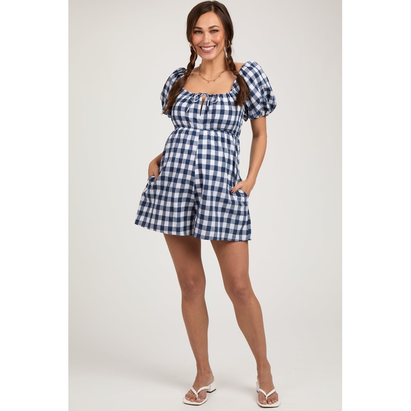Navy Blue Gingham Cutout Maternity Romper