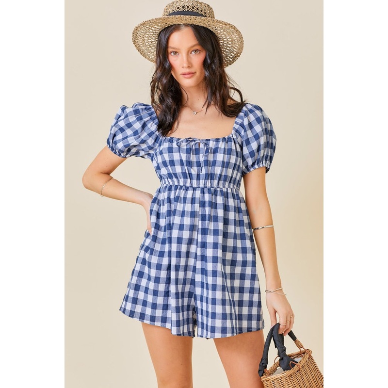 Navy Blue Gingham Cutout Romper