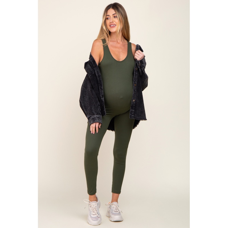 Olive Ribbed Bodycon Maternity Jumpsuit
