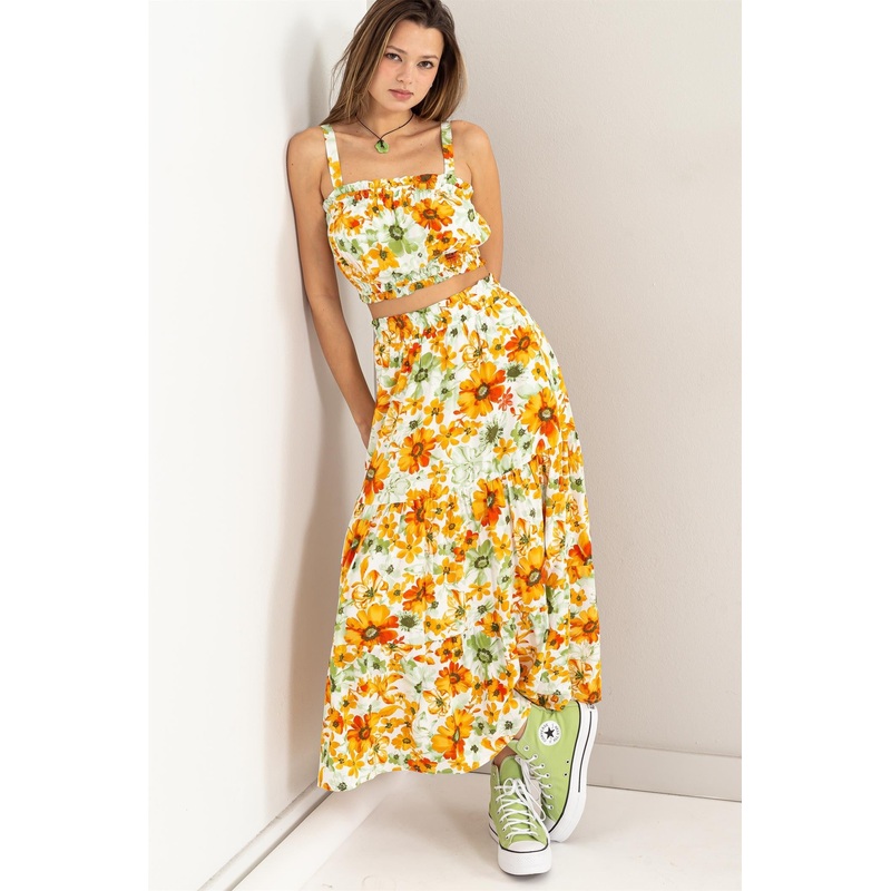 Orange Floral Print Crop Top And Skirt Set