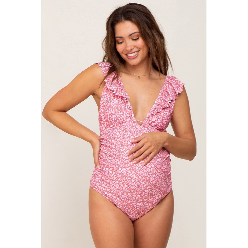 Pink Floral Ruffle Maternity One-Piece Swimsuit