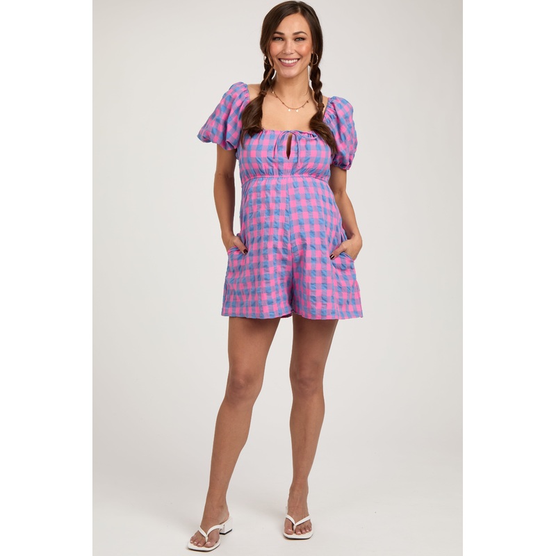 Pink Gingham Cutout Maternity Romper
