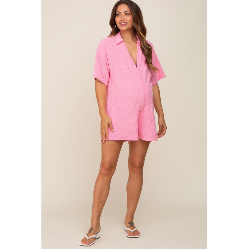 Pink Terry Cloth Collared Maternity Romper