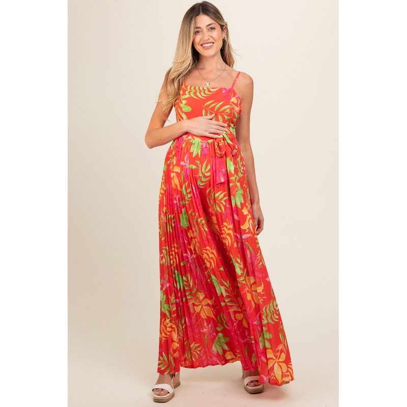 Red Floral Wide Leg Maternity Jumpsuit