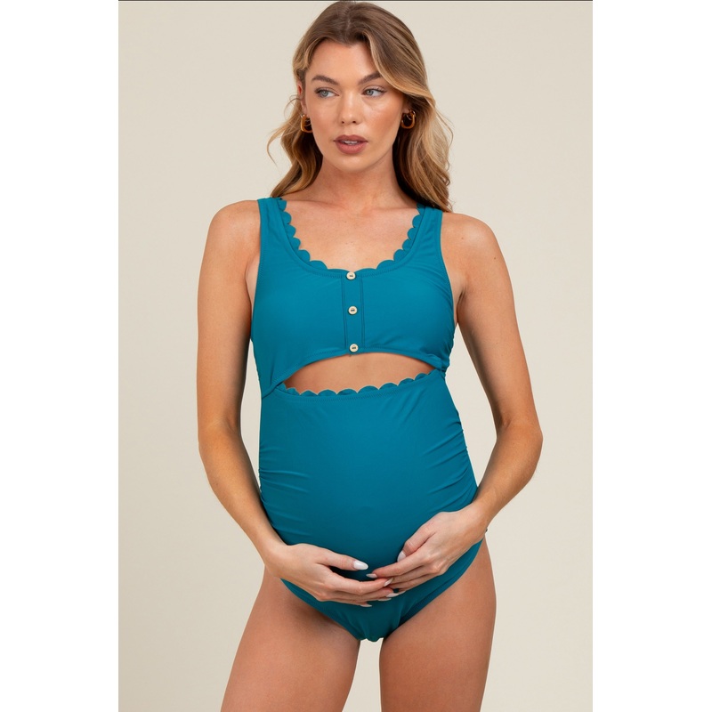 Teal Scalloped Cutout Ruched Maternity One Piece Swimsuit