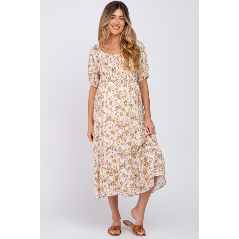Beige Floral Puff Sleeve Maternity Midi Dress