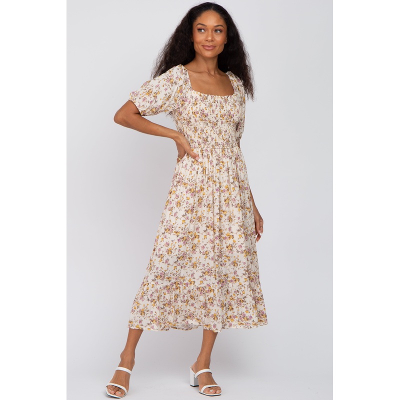 Beige Floral Puff Sleeve Midi Dress