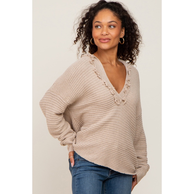 Beige Fringe Trim Rib Knit Hoodie