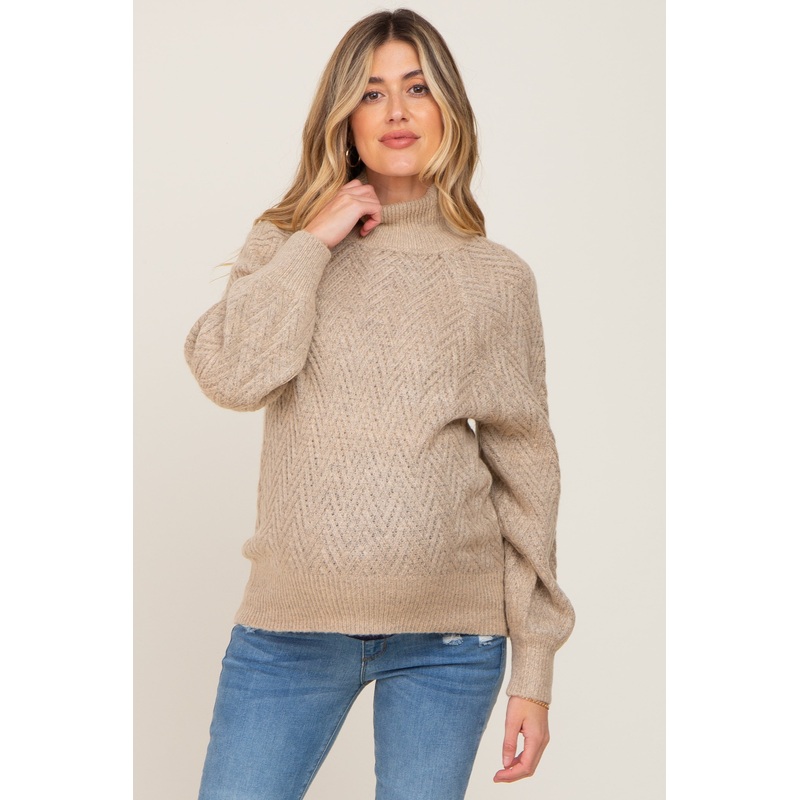 Beige Knit Turtleneck Maternity Sweater