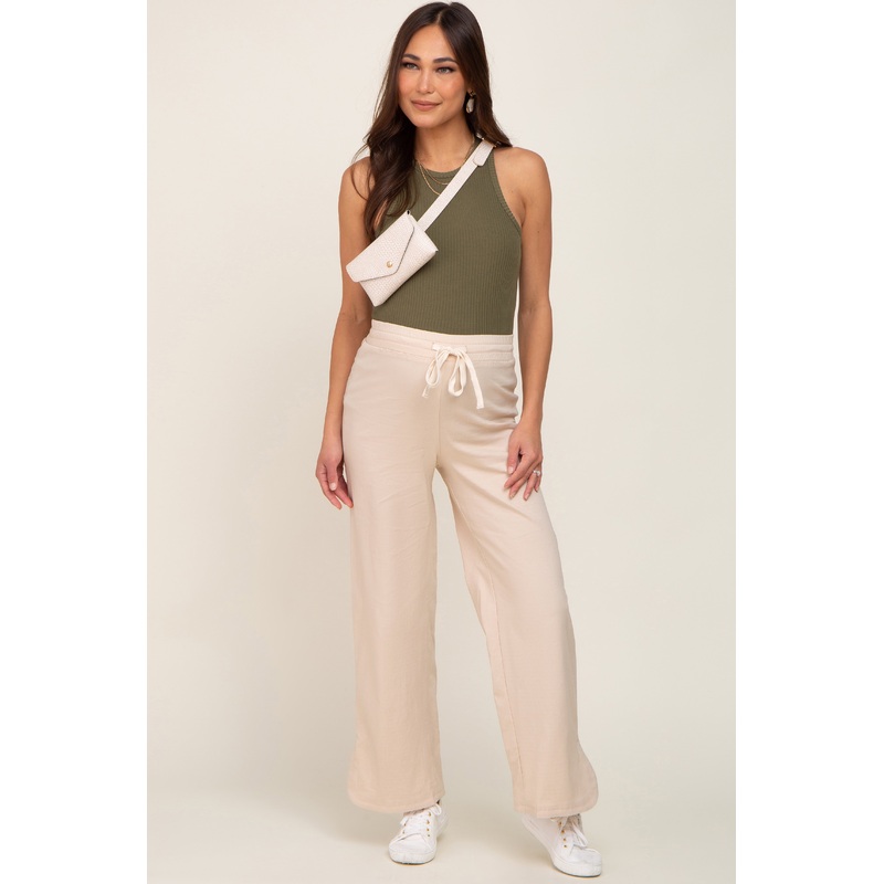 Beige Stretch Drawstring Wide Leg Maternity Pants