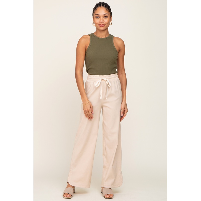Beige Stretch Drawstring Wide Leg Pants