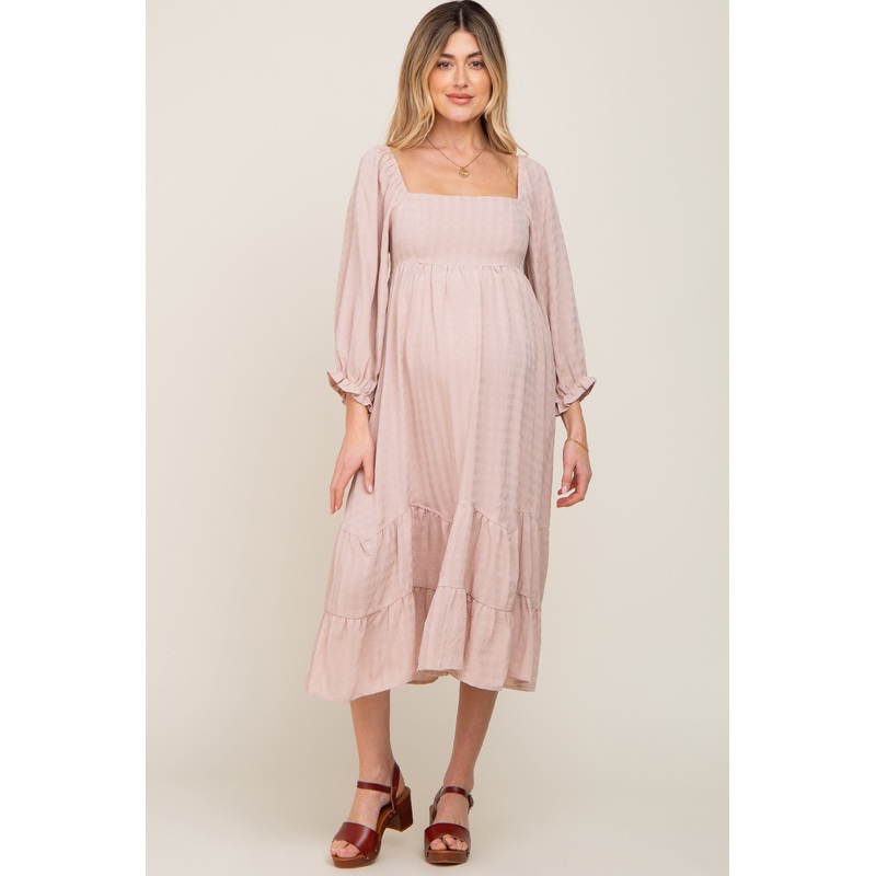 Beige Striped 3/4 Cinched Sleeve Tiered Maternity Midi Dress
