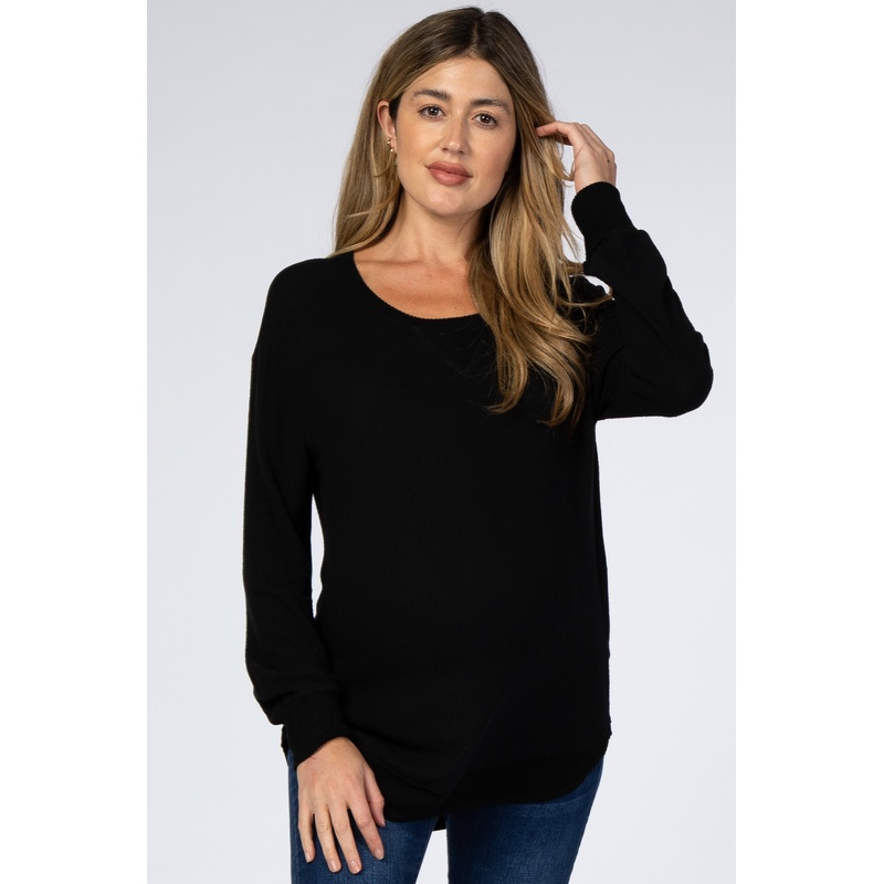 Black Brushed Knit Rib Contrast Maternity Top