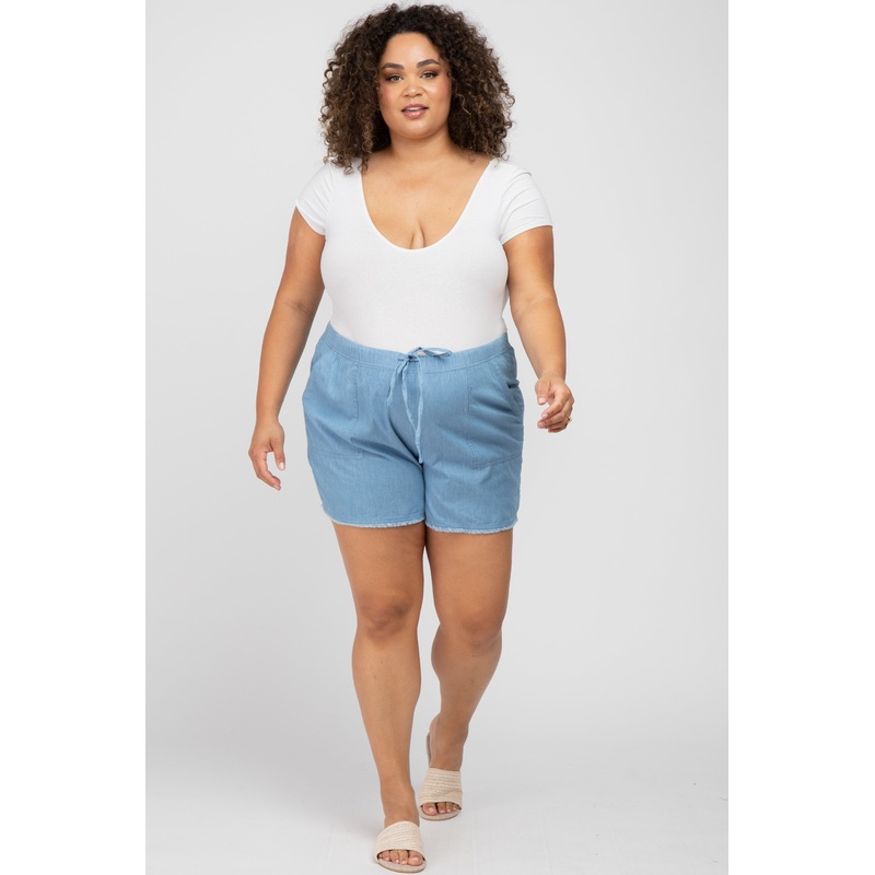 Blue Chambray Frayed Hem Drawstring Maternity Plus Shorts