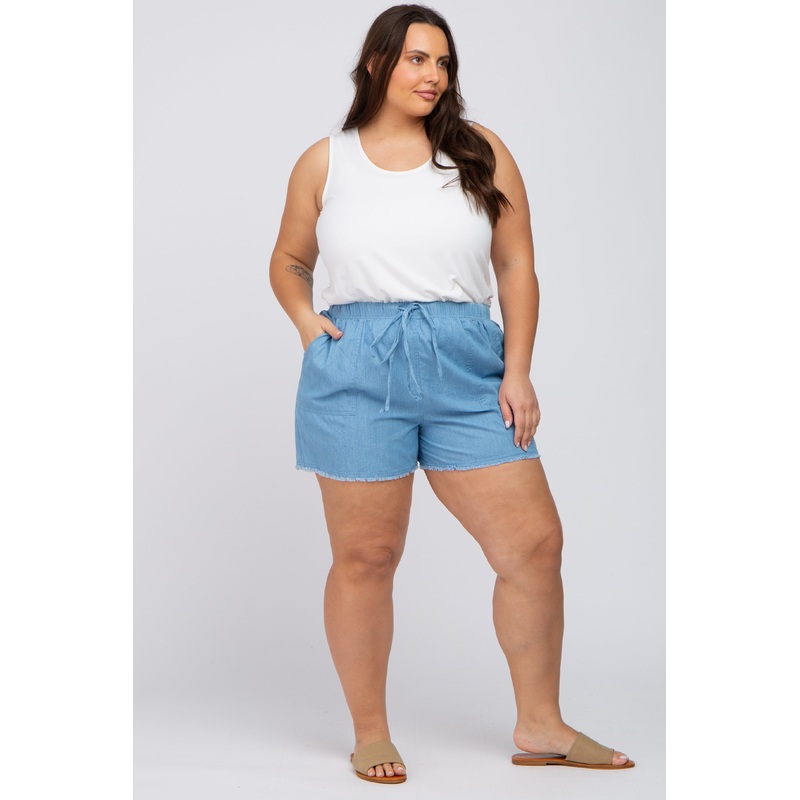 Blue Chambray Frayed Hem Drawstring Plus Shorts