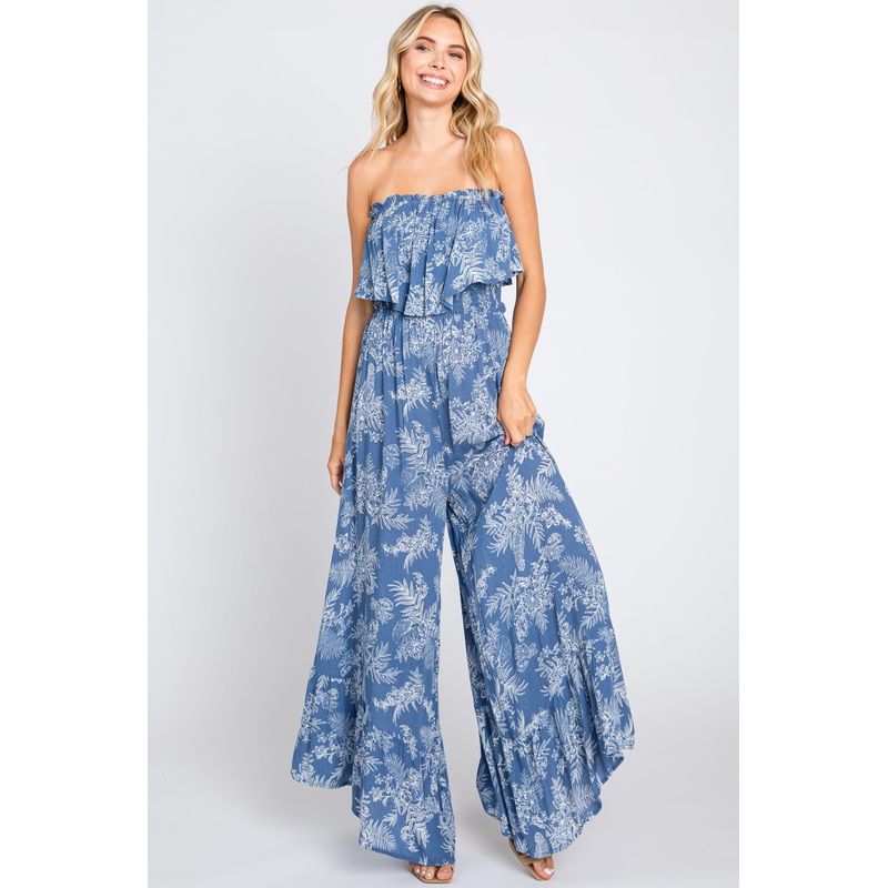 Blue Floral Ruffle Overlay Jumpsuit
