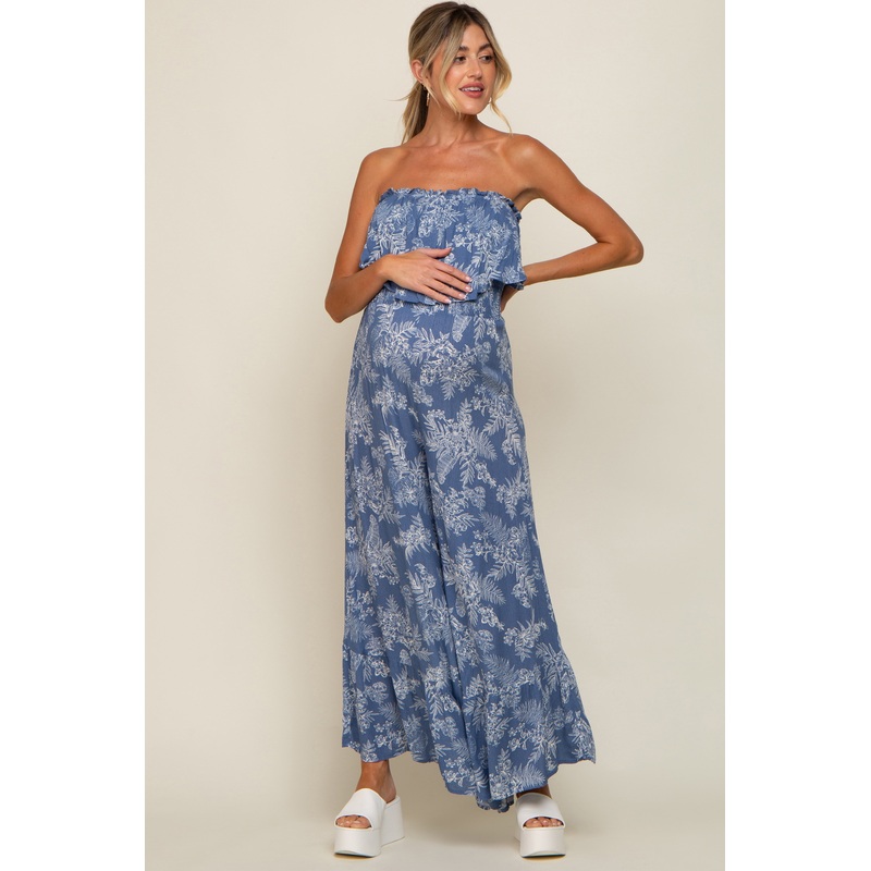 Blue Floral Ruffle Overlay Maternity Jumpsuit