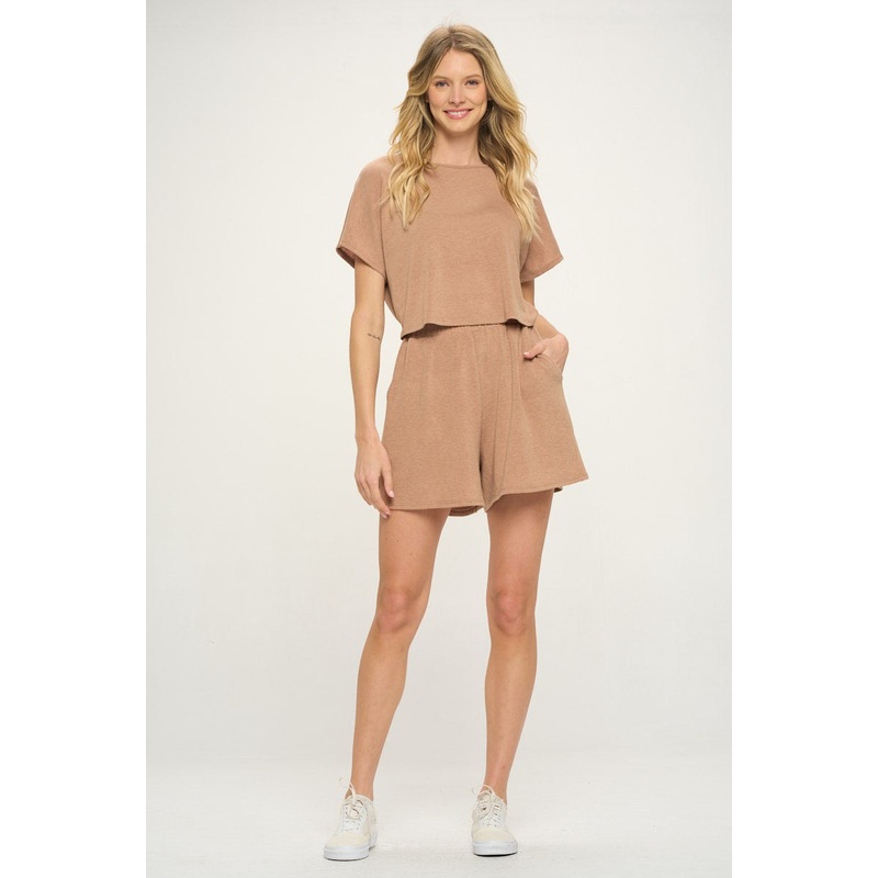 Camel Short Sleeve Open Back French Terry Romper