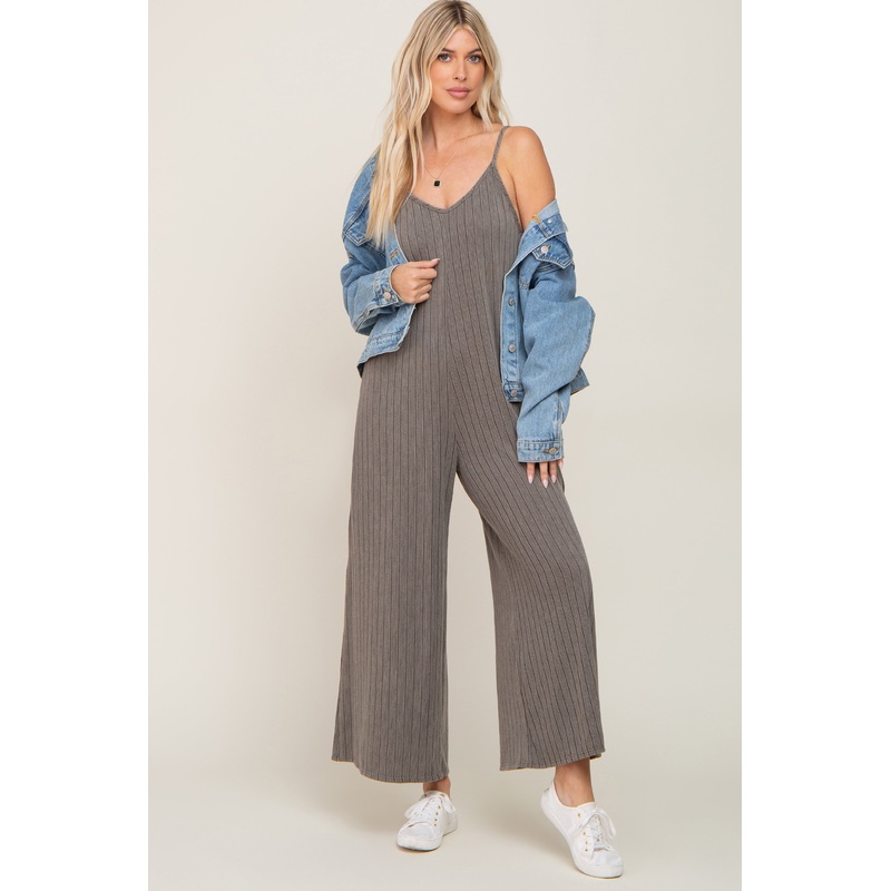 Olive Rib Knit Wide Leg Jumpsuit