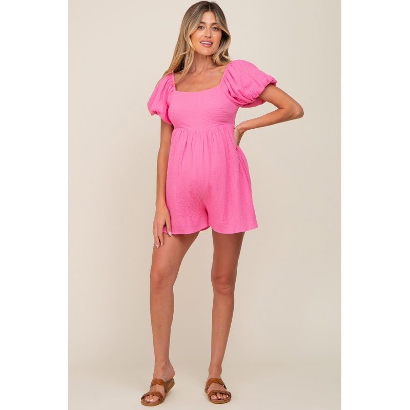 Pink Puff Sleeve Maternity Romper