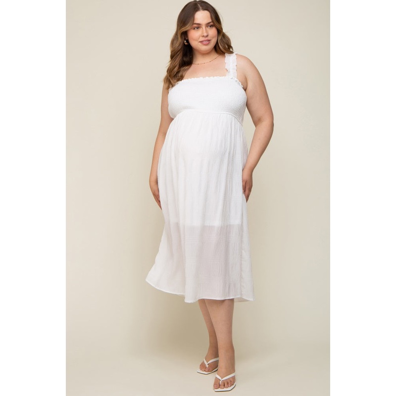 White Smocked Square Neck Maternity Plus Midi Dress