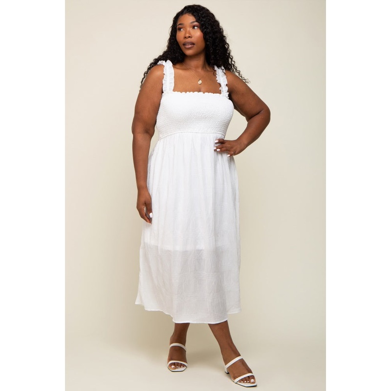 White Smocked Square Neck Plus Midi Dress