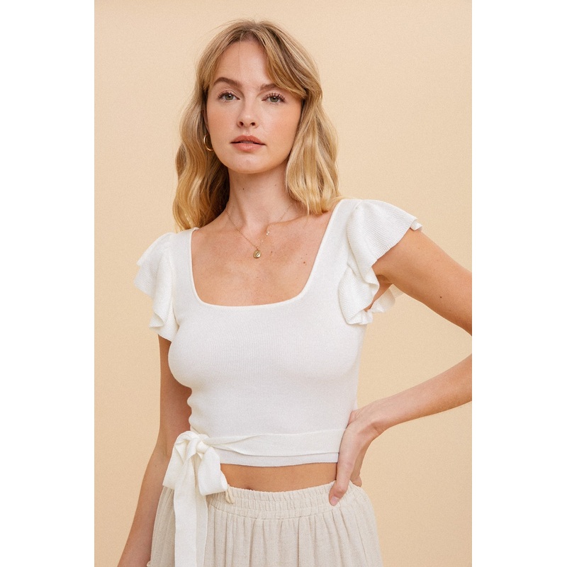 White Tie Waist Square Neck Ruffle Sleeve Sweater Top