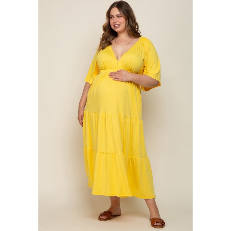 Yellow Deep V-Neck Tiered Maternity Plus Maxi Dress