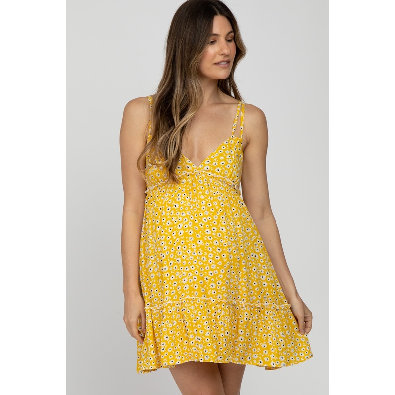 Yellow Floral Sleeveless Ruffle Hem Maternity Mini Dress