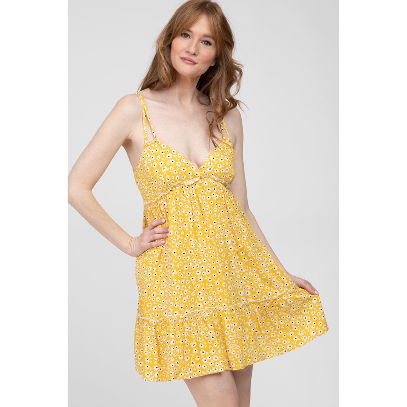 Yellow Floral Sleeveless Ruffle Hem Mini Dress