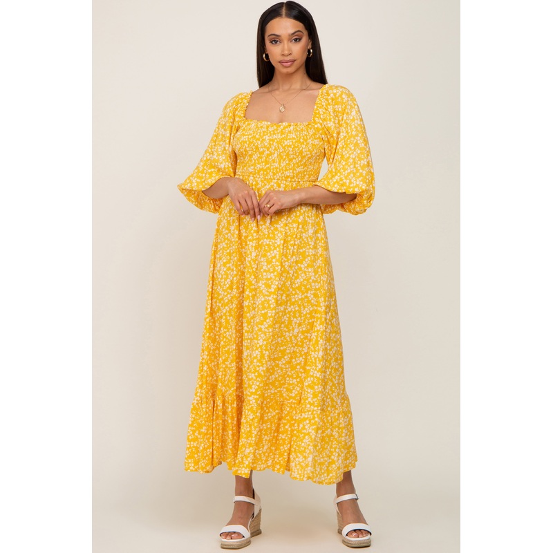 Yellow Floral Smocked Tie Back Midi Dress