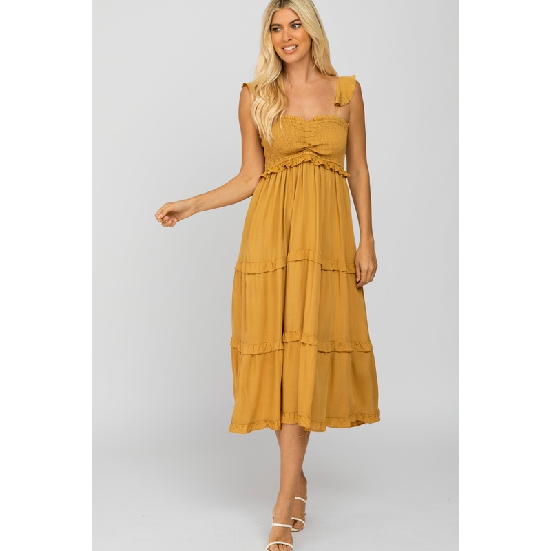 Yellow Ruffle Tiered Midi Dress