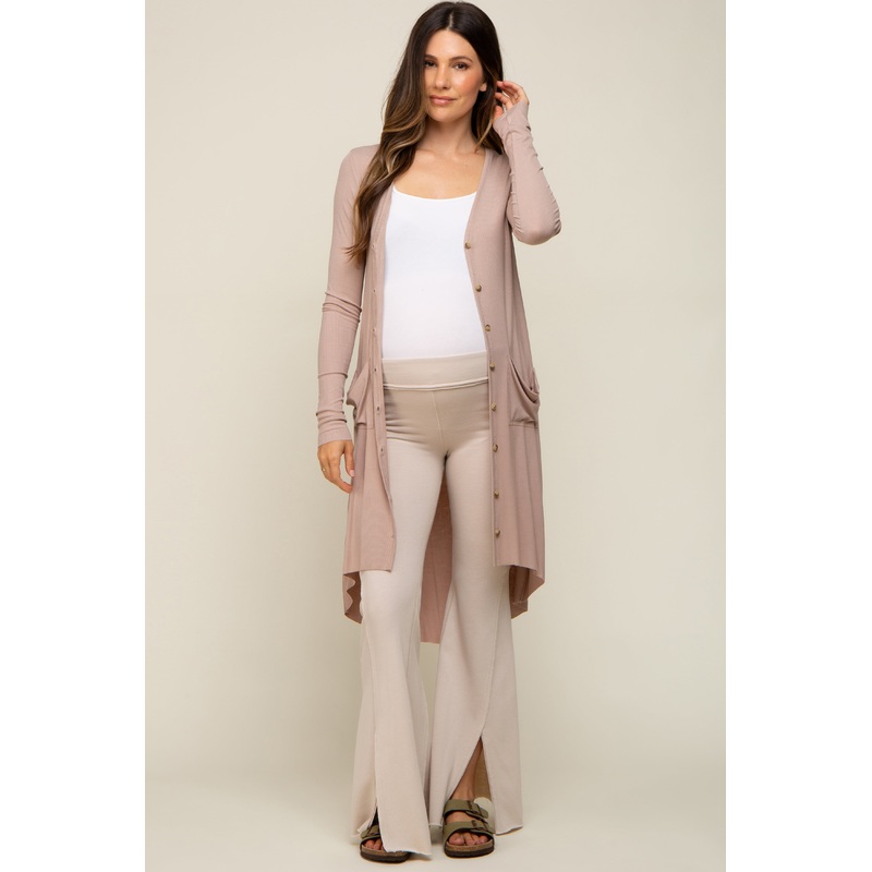 Beige Button Front Knit Maternity Cardigan