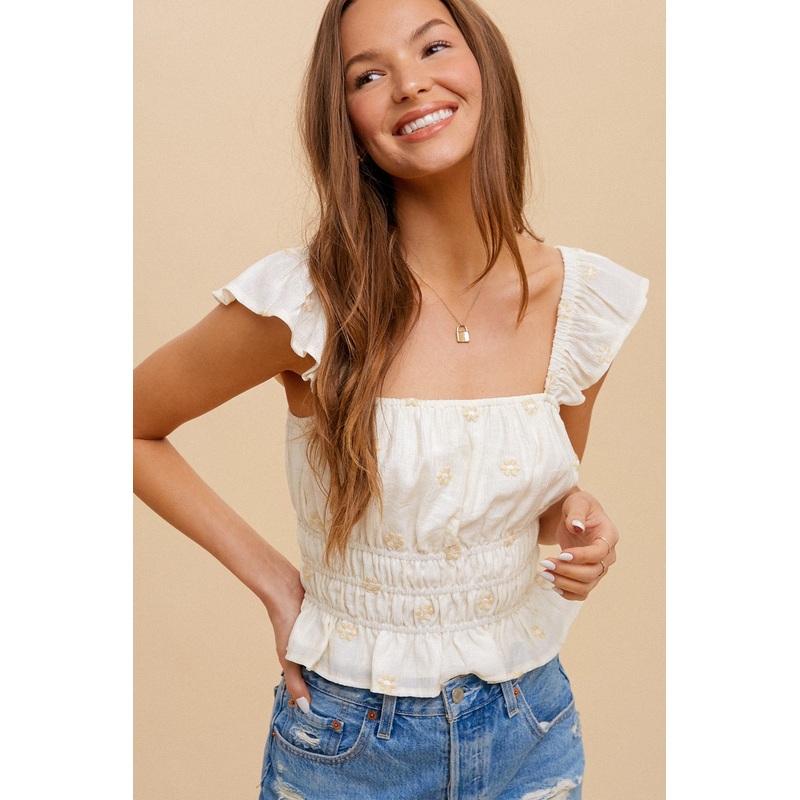 Beige Floral Embroidered Multi Tiered Ruffle Tank