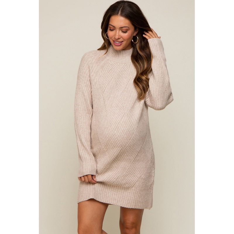Beige Knit Long Sleeve Maternity Sweater Dress